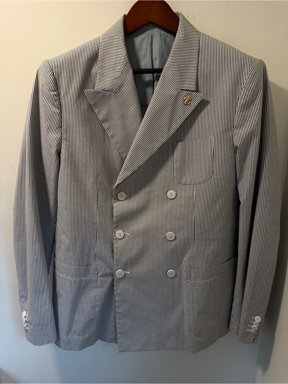⁠Mauro Grifoni Italy Double Breasted Striped Blazer 52 US 42 R Cotton Seersucker